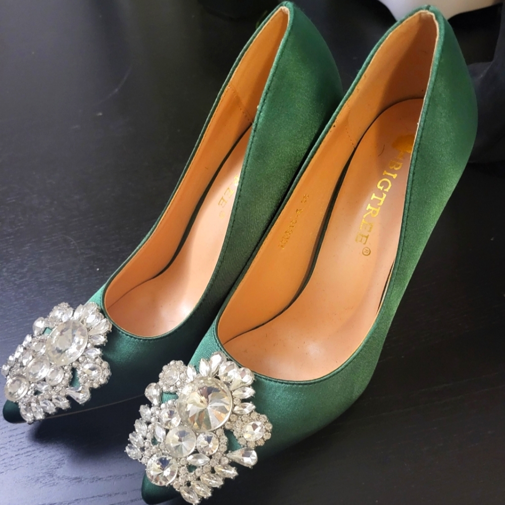 Green Satin Embellished Heels
